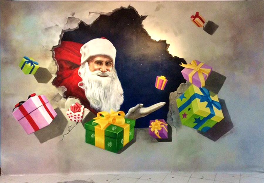 [3d立体画]青岛城阳商场3d立体画墙体彩绘|黄岛胶州圣诞老人手绘壁画